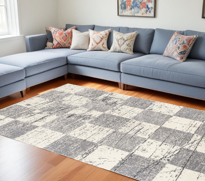 8' X 11' White And Gray Checkered Area Rug