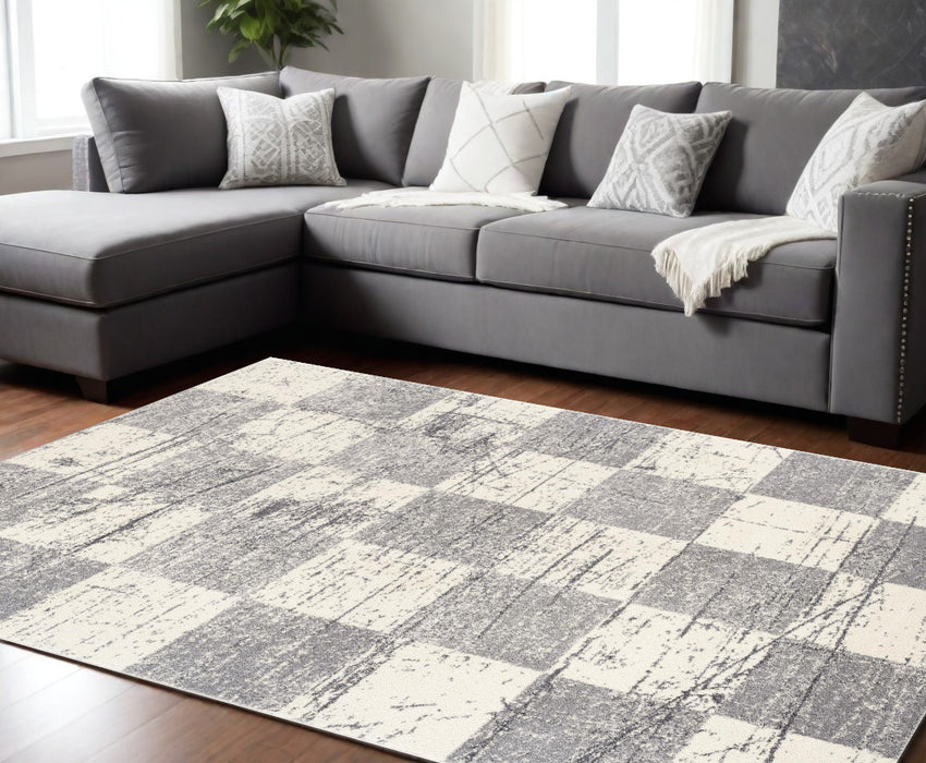 8' X 11' White And Gray Checkered Area Rug