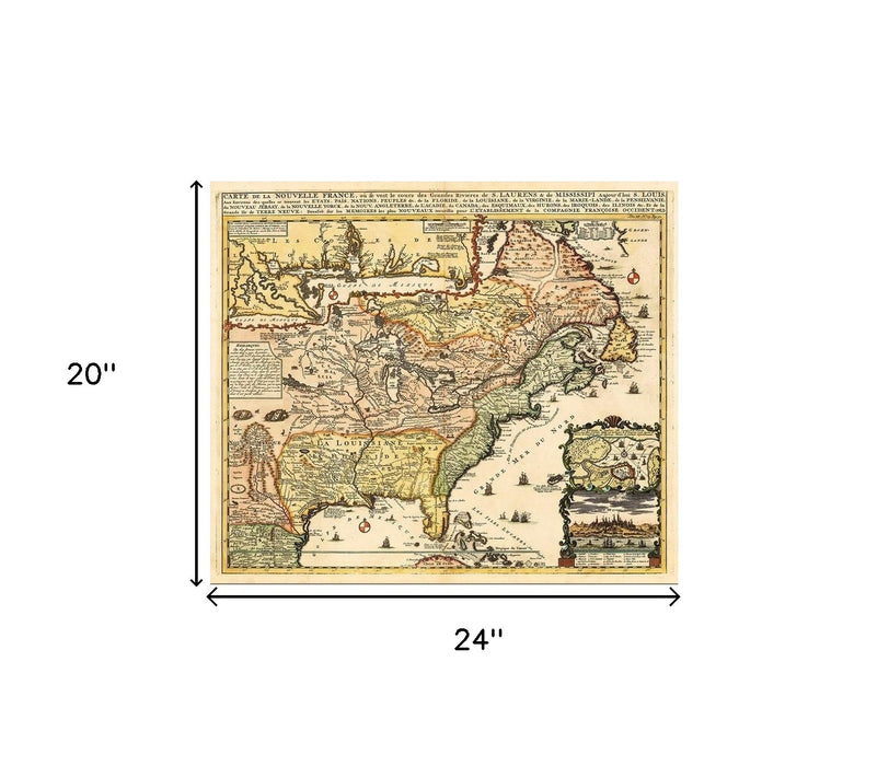 Vintage 1718 Map Of New France Unframed Print Wall Art