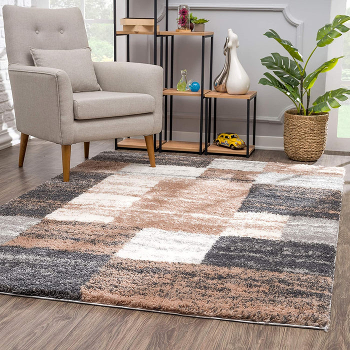 8' X 11' Beige and Ivory Patchwork Shag Area Rug