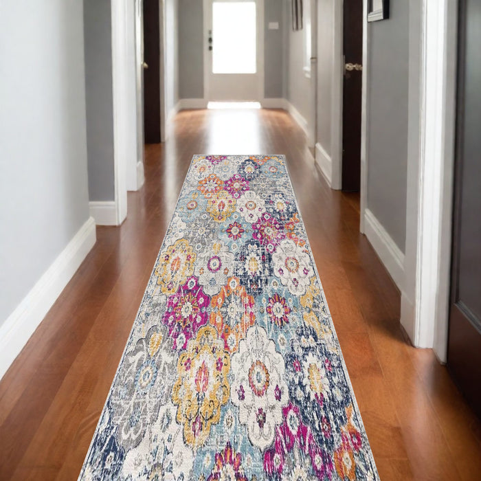 10' Runner Blue and Ivory Floral Runner Rug