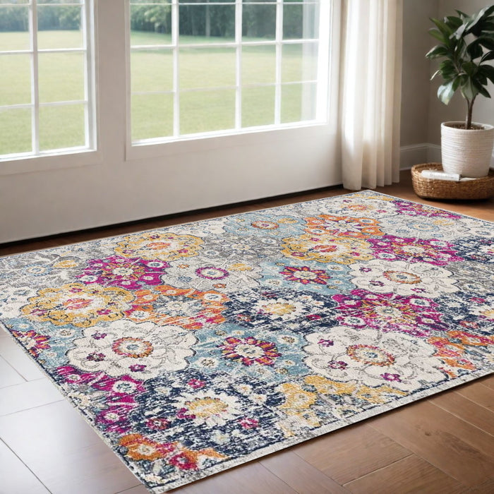 10' Runner Blue and Ivory Floral Runner Rug