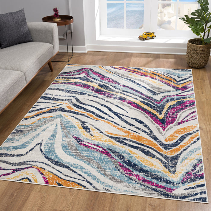 6' X 9' Ivory Blue and Gold Abstract Area Rug