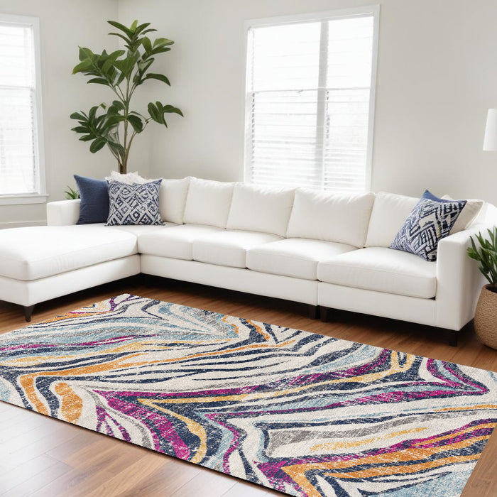 6' X 9' Ivory Blue and Gold Abstract Area Rug