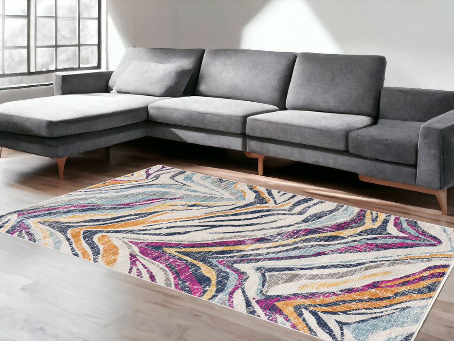 6' X 9' Ivory Blue and Gold Abstract Area Rug