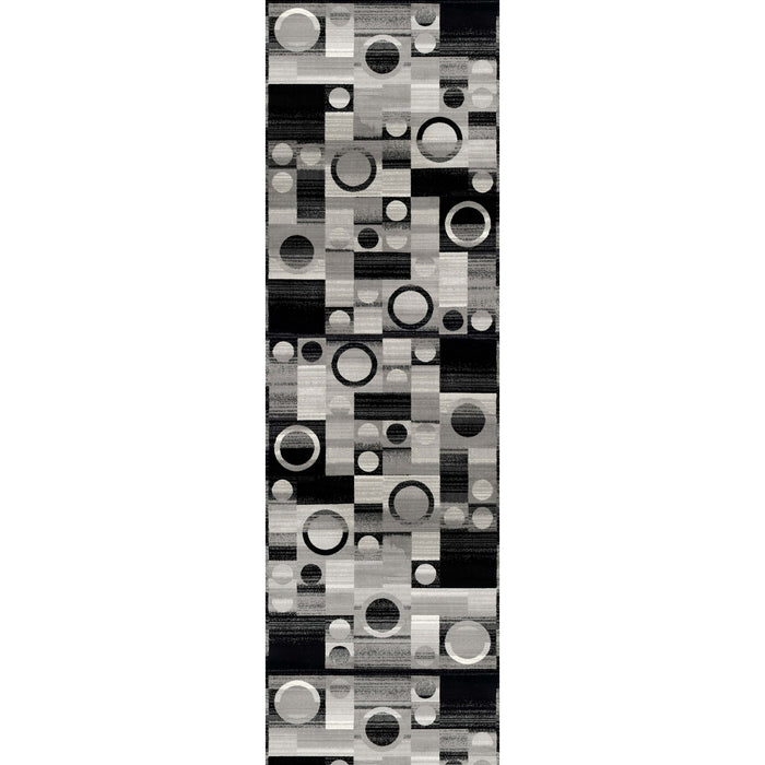 10' Black Gray and White Geometric Power Loom Distressed Runner Rug