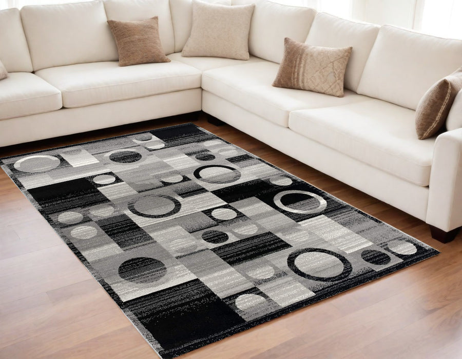 10' Black Gray and White Geometric Power Loom Distressed Runner Rug