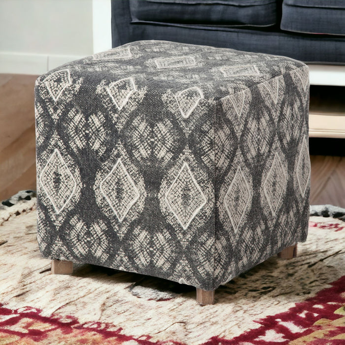 19" Gray 100% Cotton And Brown Cube Ottoman