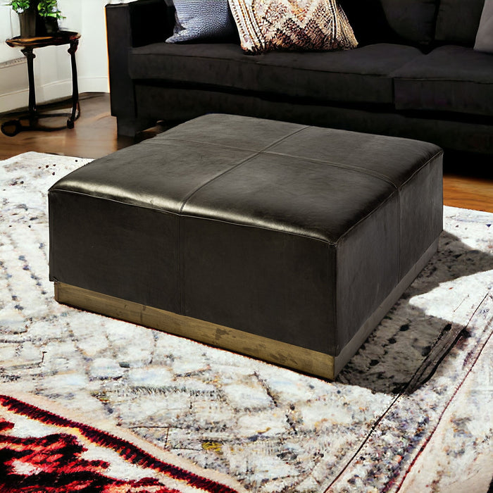 36" Black Faux Leather And Brown Footstool Ottoman