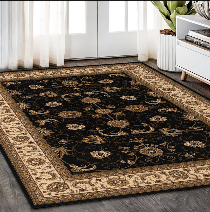 7' X 9' Black and Ivory Oriental Power Loom Area Rug