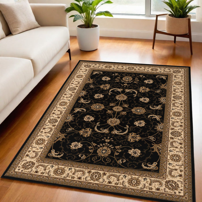 7' X 9' Black and Ivory Oriental Power Loom Area Rug