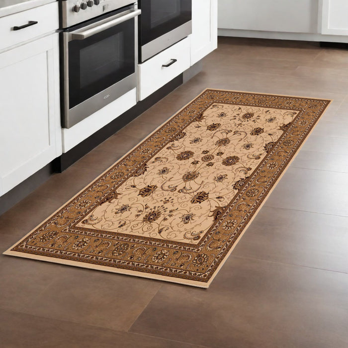 10' Runner Beige and Ivory Oriental Power Loom Runner Rug