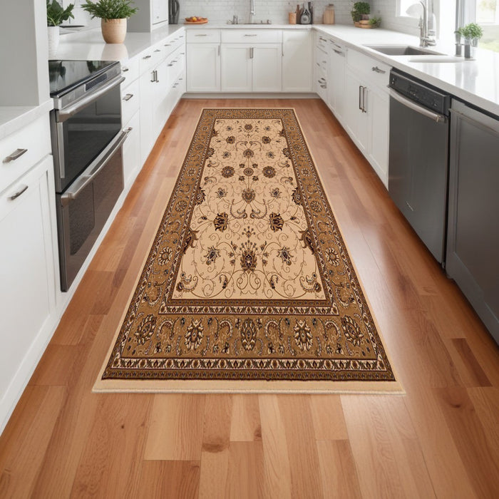 10' Runner Beige and Ivory Oriental Power Loom Runner Rug