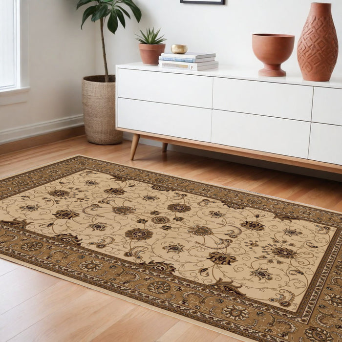 10' Runner Beige and Ivory Oriental Power Loom Runner Rug