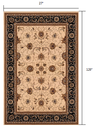 20' Runner Black and Ivory Oriental Power Loom Runner Rug