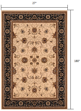 10' Runner Black and Ivory Oriental Power Loom Runner Rug