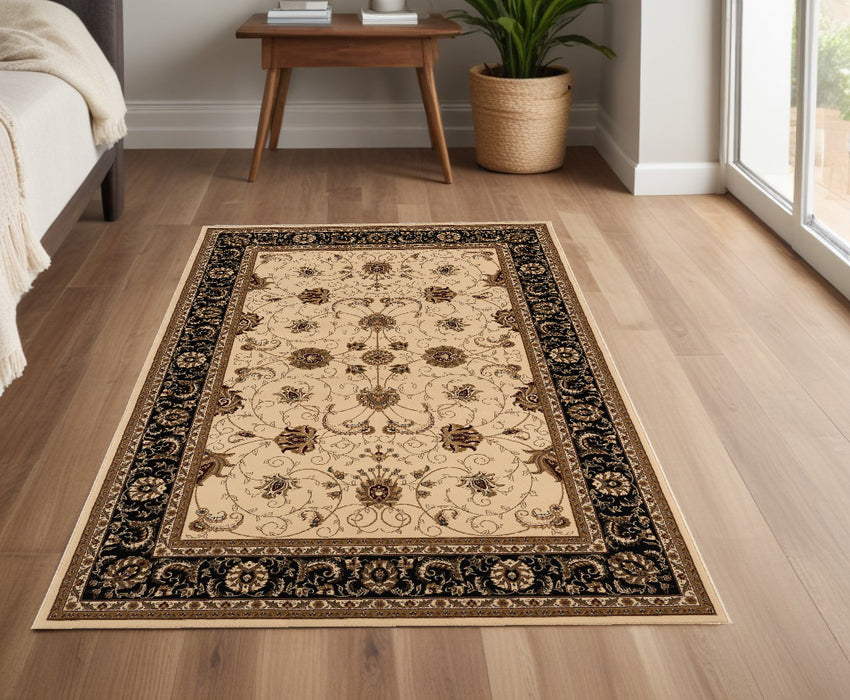 7' X 9' Black and Ivory Oriental Power Loom Area Rug