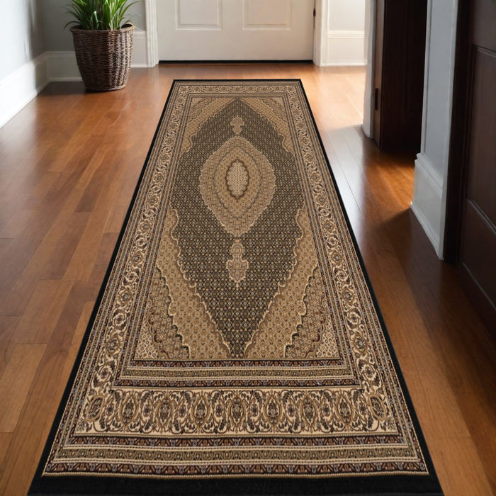 10' Runner Beige and Black Medallion Power Loom Runner Rug