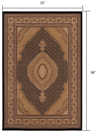 10' Runner Beige and Black Medallion Power Loom Runner Rug