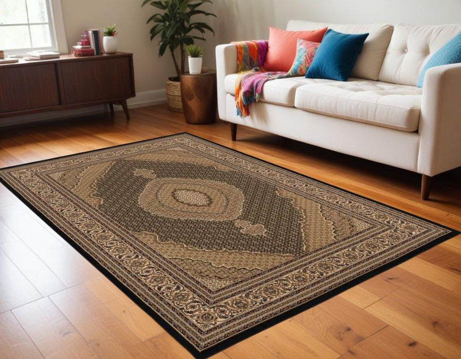 7' X 9' Beige and Black Medallion Power Loom Area Rug