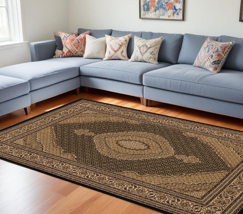 4' X 6' Beige and Black Medallion Power Loom Area Rug