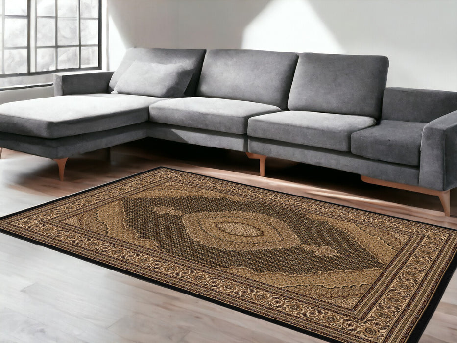 7' X 9' Beige and Black Medallion Power Loom Area Rug