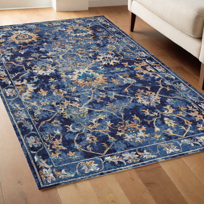 2' X 9' Blue and Gold Jacobean Runner Rug