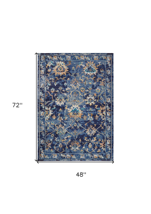 2' X 9' Blue and Gold Jacobean Runner Rug