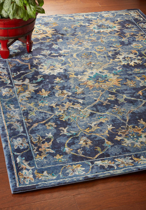 2' X 9' Blue and Gold Jacobean Runner Rug