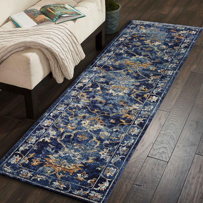 2' X 9' Blue and Gold Jacobean Runner Rug