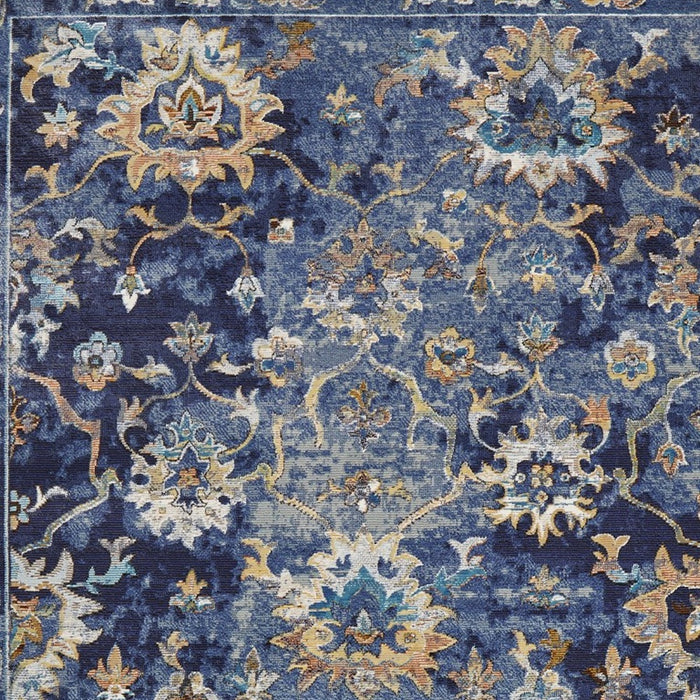 2' X 9' Blue and Gold Jacobean Runner Rug