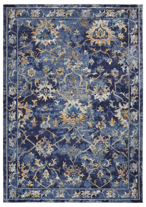 2' X 9' Blue and Gold Jacobean Runner Rug