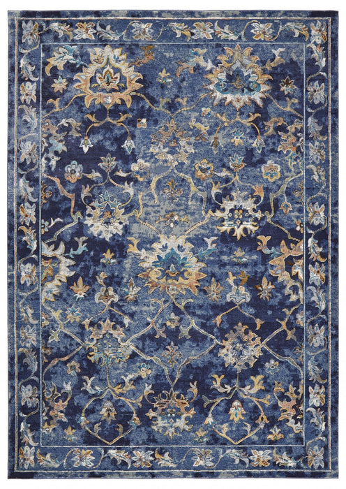 2' X 9' Blue and Gold Jacobean Runner Rug