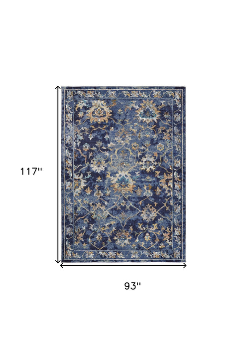 2' X 9' Blue and Gold Jacobean Runner Rug