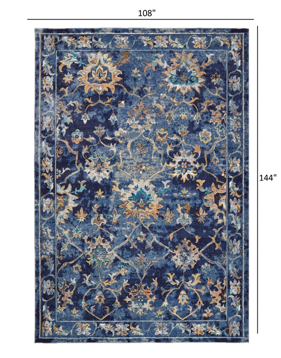 2' X 9' Blue and Gold Jacobean Runner Rug