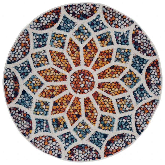 4' Round Multicolored Floral Mosaic Area Rug