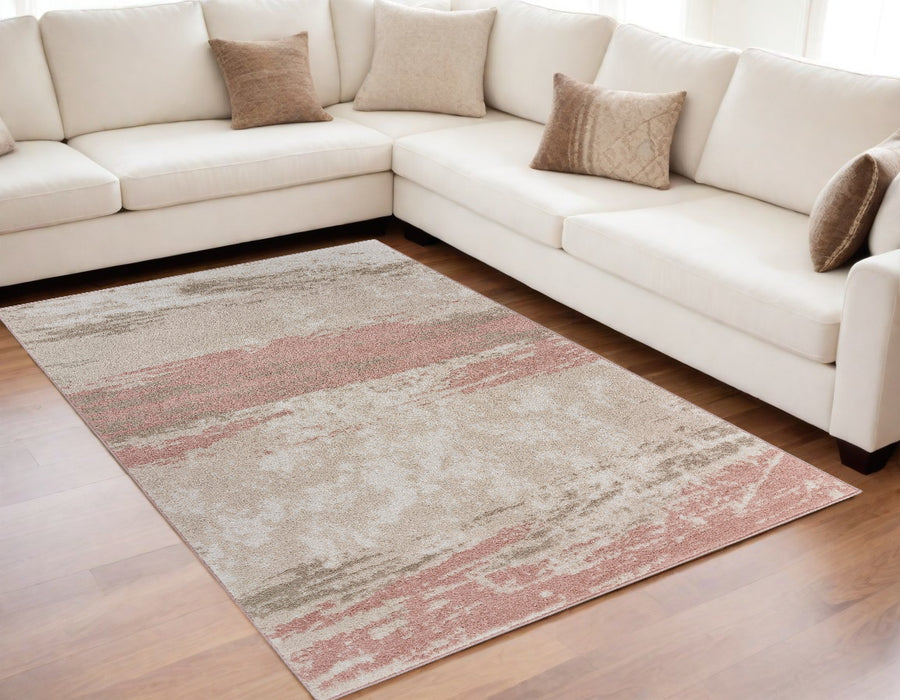 5' X 7' Ivory Beige and Blush Abstract Area Rug