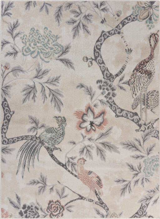 5' X 7' Soft Beige Birds and Trees Area Rug