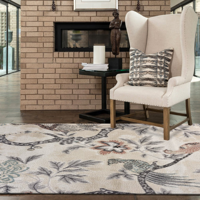 5' X 7' Soft Beige Birds and Trees Area Rug