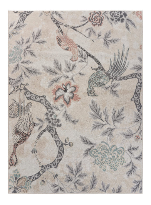 5' X 7' Soft Beige Birds and Trees Area Rug