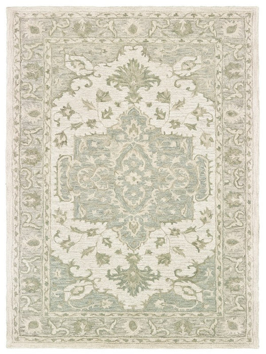 5' X 8' Green and Cream Medallion Area Rug