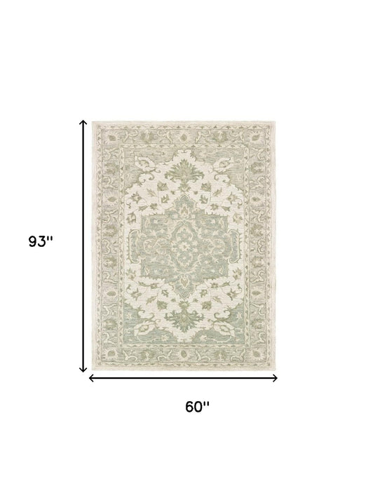 5' X 8' Green and Cream Medallion Area Rug