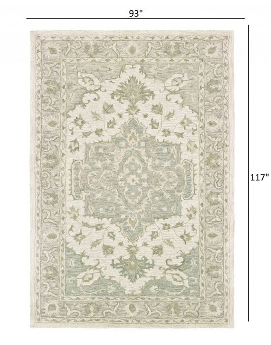 5' X 8' Green and Cream Medallion Area Rug