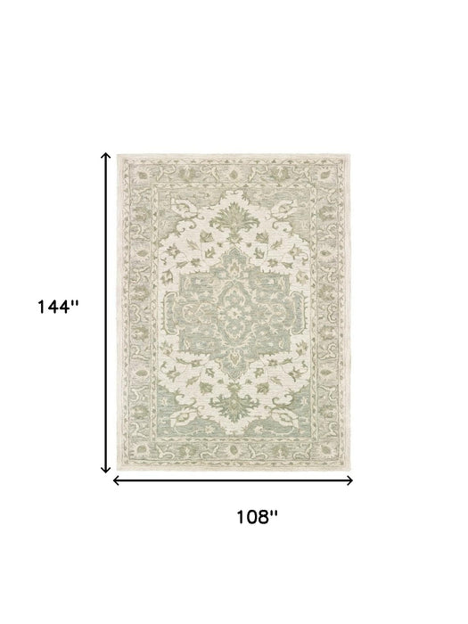 5' X 8' Green and Cream Medallion Area Rug