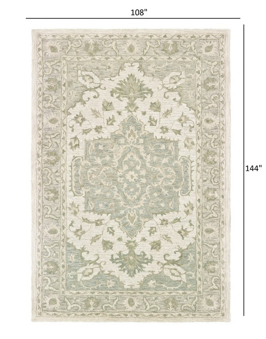 5' X 8' Green and Cream Medallion Area Rug