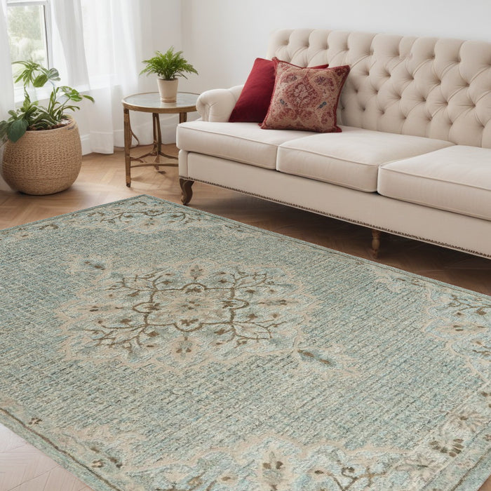 5' X 8' Blue Wool Floral Medallion Hand Tufted Area Rug