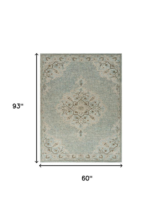 5' X 8' Blue Wool Floral Medallion Hand Tufted Area Rug