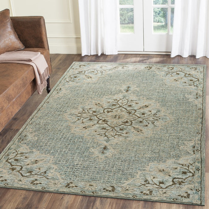 5' X 8' Blue Wool Floral Medallion Hand Tufted Area Rug