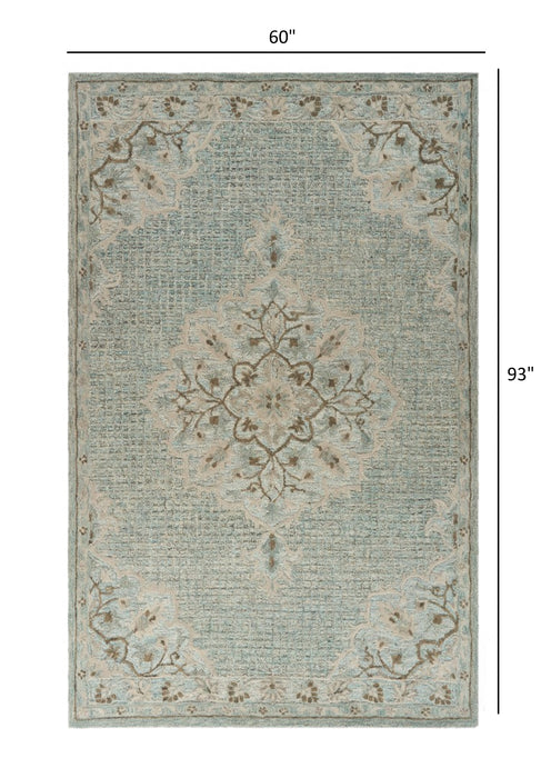 5' X 8' Blue Wool Floral Medallion Hand Tufted Area Rug