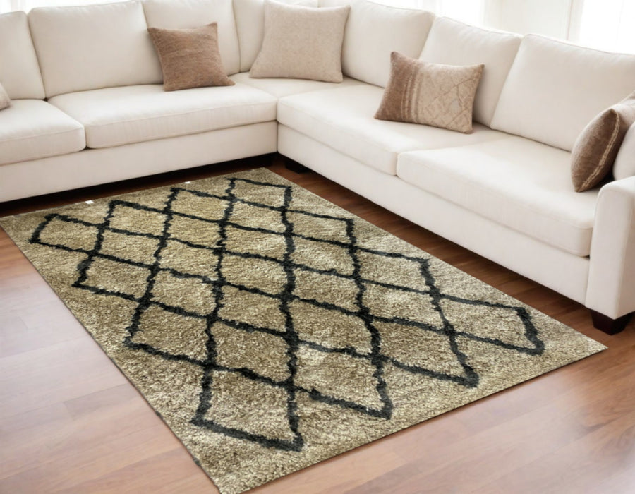 5' X 7' Cream and Black Lattice Area Rug